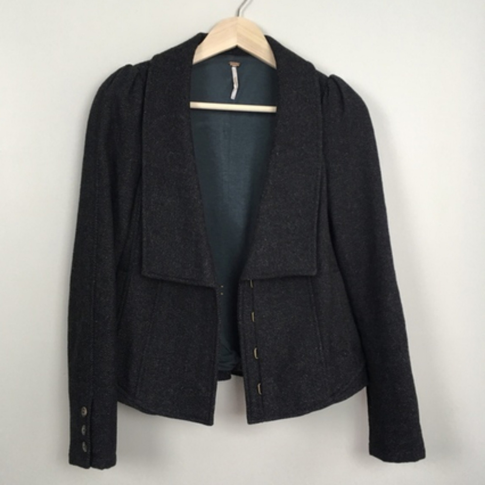 Free People Charcoal Herringbone Wool Jacket, 8